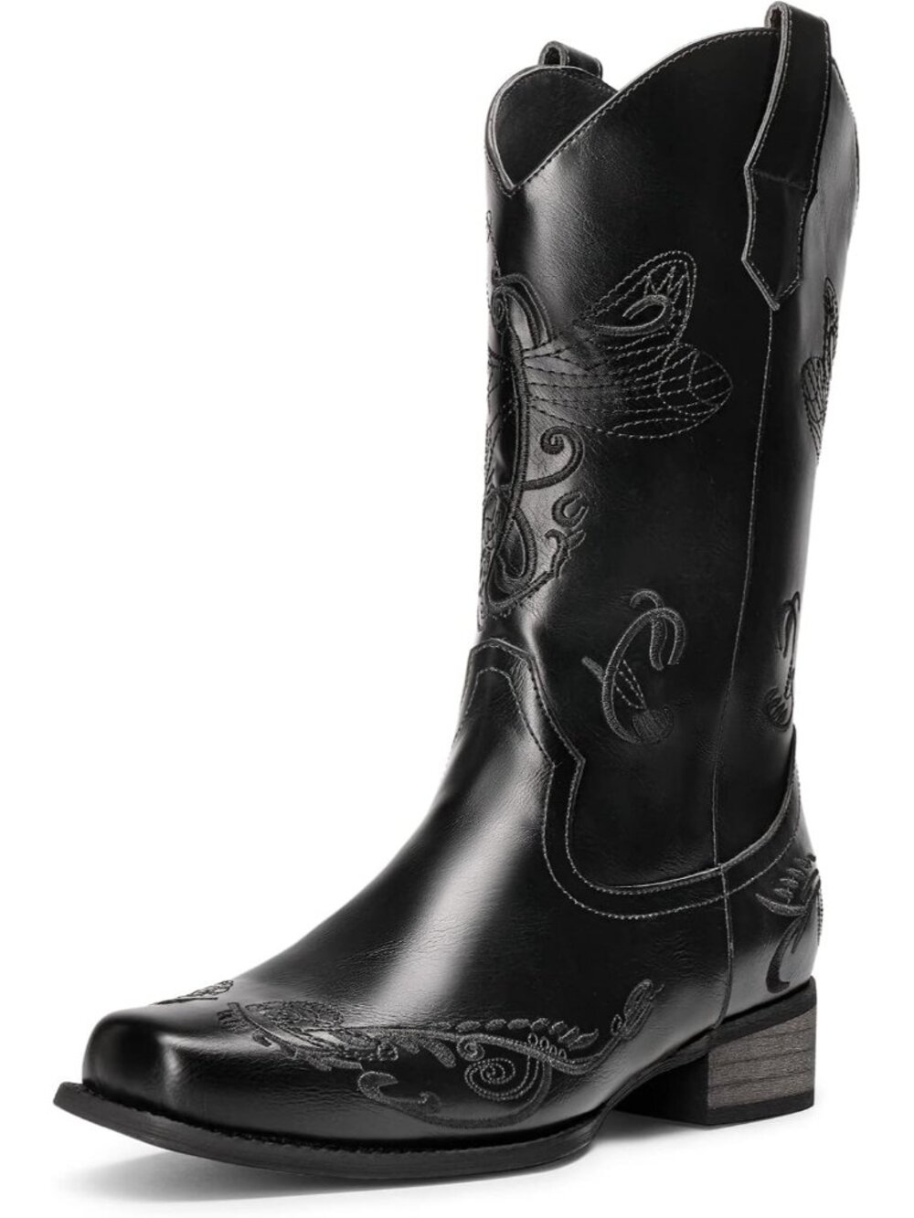 Women’s Black Mid Calf Cowboy Boots Embroidered Stitched Square Toe Western Boot